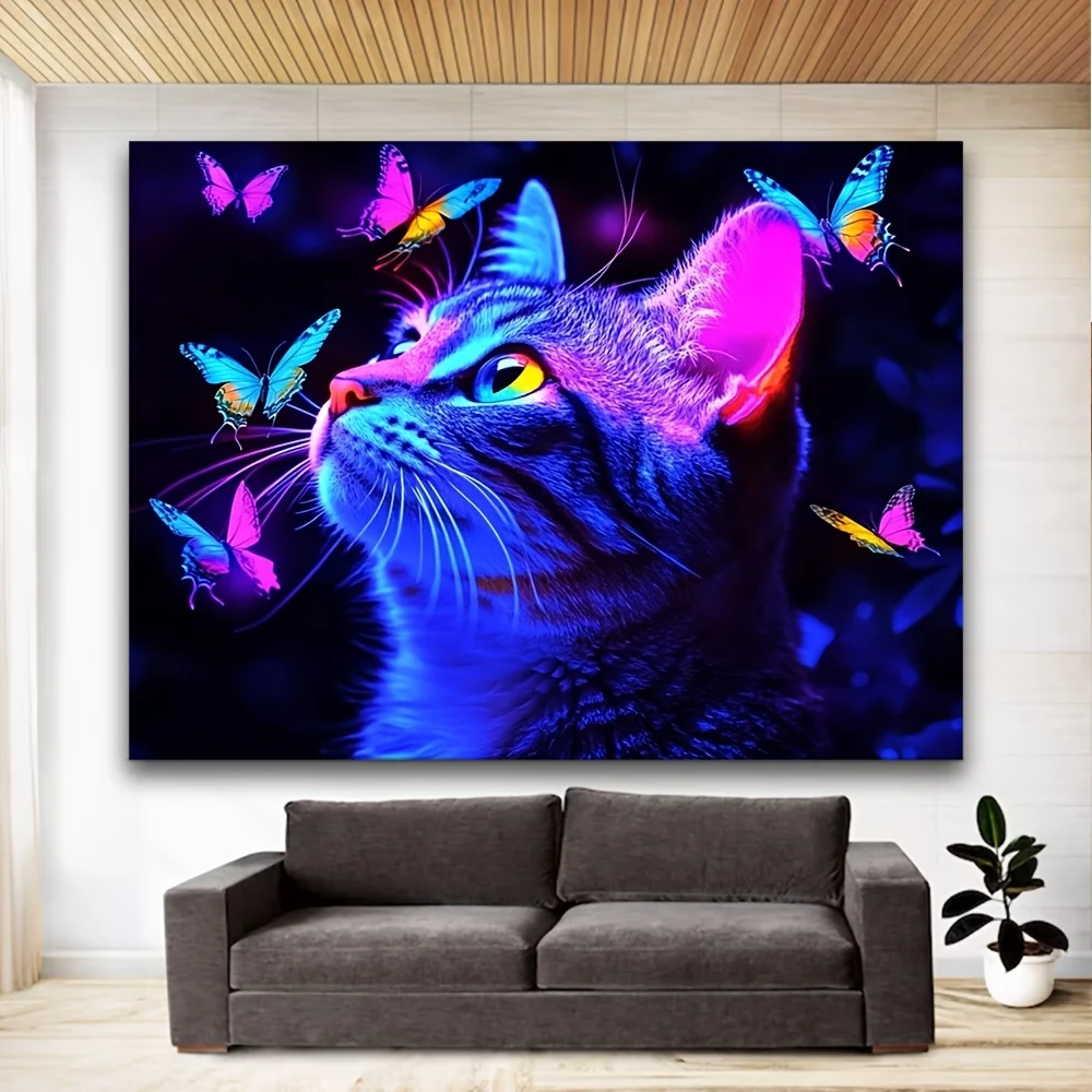 1 Cat Butterfly Fluorescent Tapestry - Polyester, Bedroom Living Room Dormitory Decoration - with Free Installation Kit