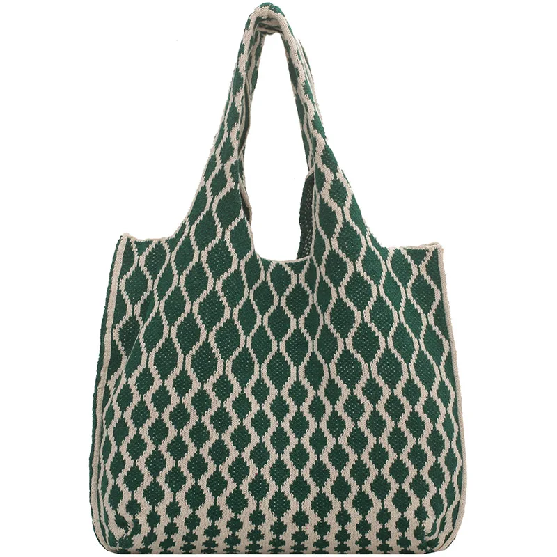 トレンディなニット製大容量ショルダーバッグ-レディース-春夏-おしゃれなブーツ型-ソフトハンドル-カジュアル-スタイル