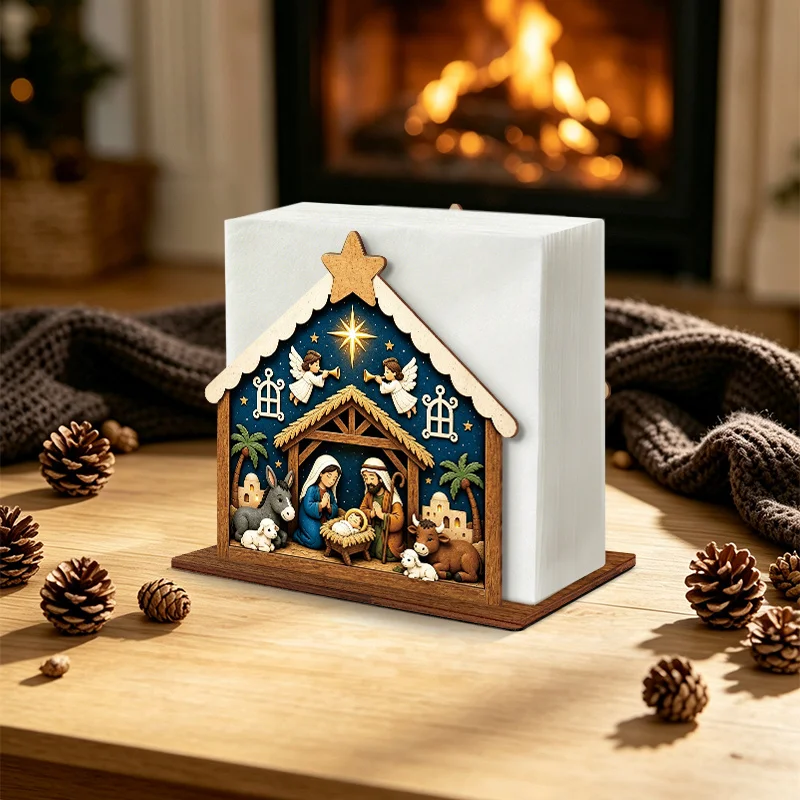 2/1 Piece Set 2D Flat Christmas Nativity Scene Wooden Napkin Holder, Holy Family Angels and Farm Animal Pattern Napkin Holder, Winter Holiday Kitchen Table Decoration, Christmas Table Napkin Organizer, Christmas Gift