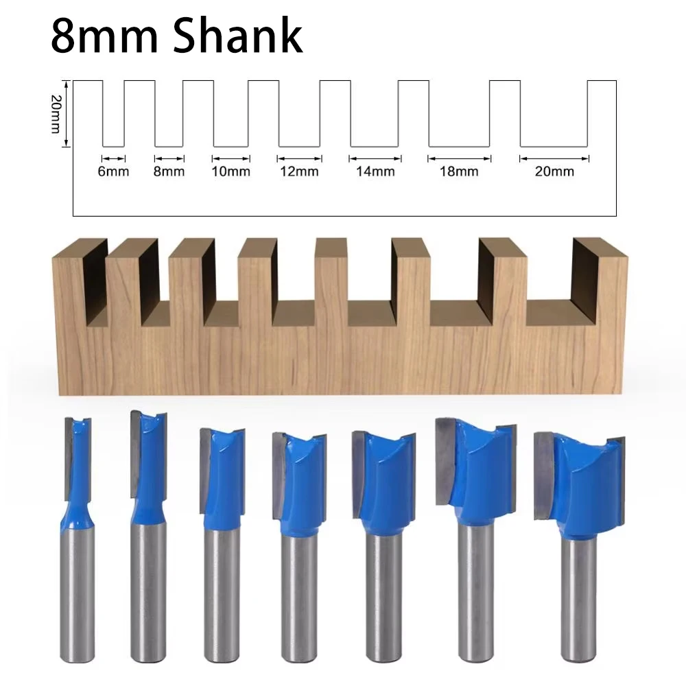 Gerader Holzbearbeitungs-Fräser mit 8 mm Schaft, 6–20 mm Durchmesser, Doppelklingen-Nutfräser zum Schlitzen und Bearbeiten von Holz