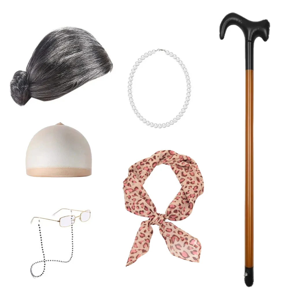 Disfraz de Anciana para Niñas, Accesorios para el 100 Día de Clases, con Gafas de Abuela, Collar, Peluca, Bastón de Abuela, Disfraz