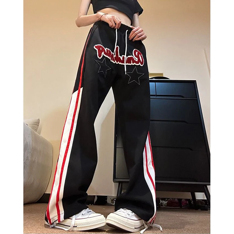 

Streetwear American Star Print Sweatpants Women Hip Hop Harajuku Letter Casual Striped Trousers Retro High Waist Y2K Pants