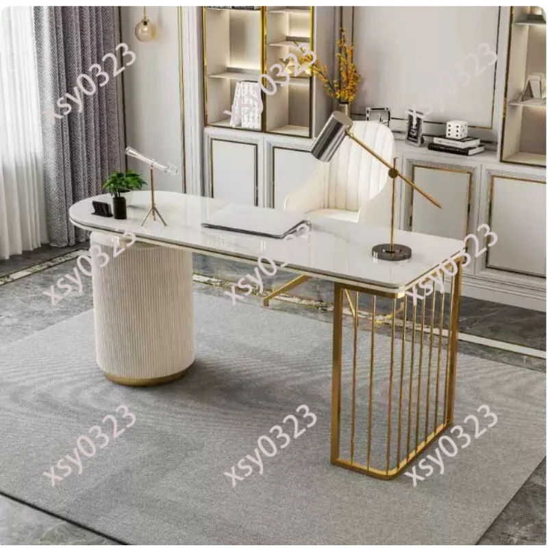 White Wooden Office Desk with Gold Metal Legs, Modern Computer Workstation for Home Study