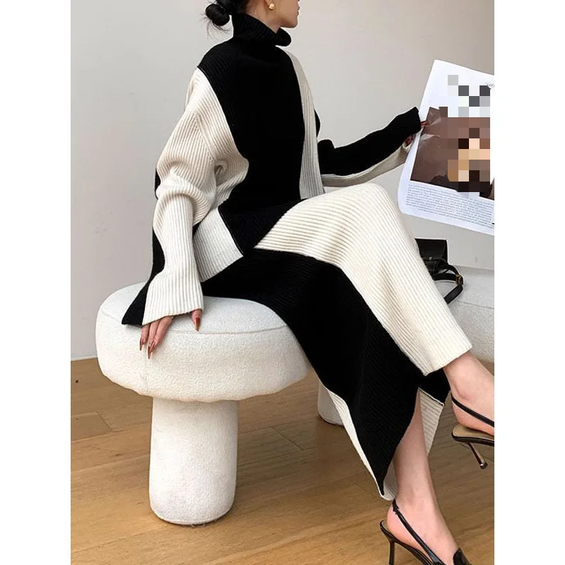 2024 New Fashionable and Unique High-necked Women\'s Sweater Set Color Matching Knitwear and Skirt Set for Autumn and Winter