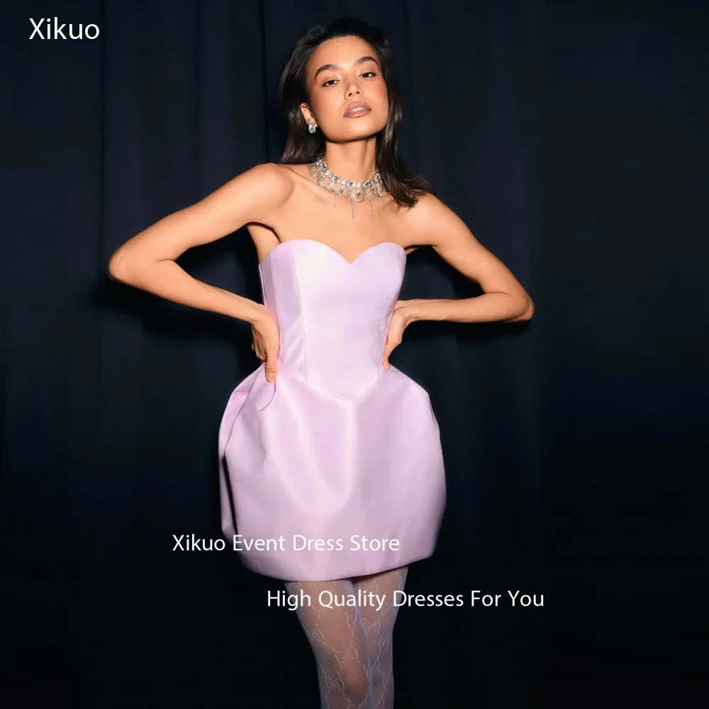 

Xikuo Simple Satin Prom Gowns A Line Sweetheart Dresses For Wedding Guests Light Purple Above Knee Homecoming Dresses Customized