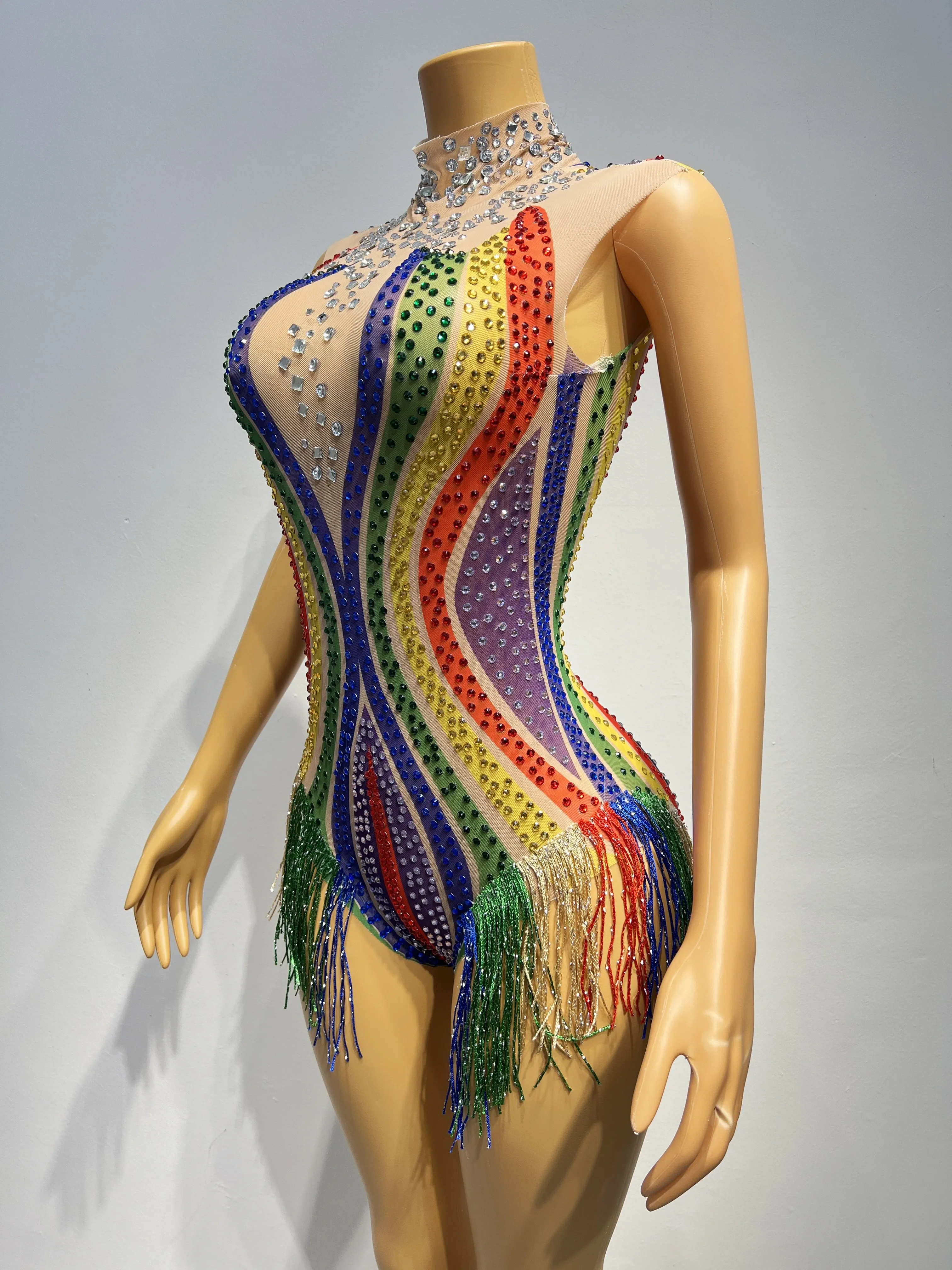 Colorful Rhinestones Tassels Sexy Bodysuit Transparent Sleeveless Leotard Evening Birthday Celebrate Outfit Costume haicao