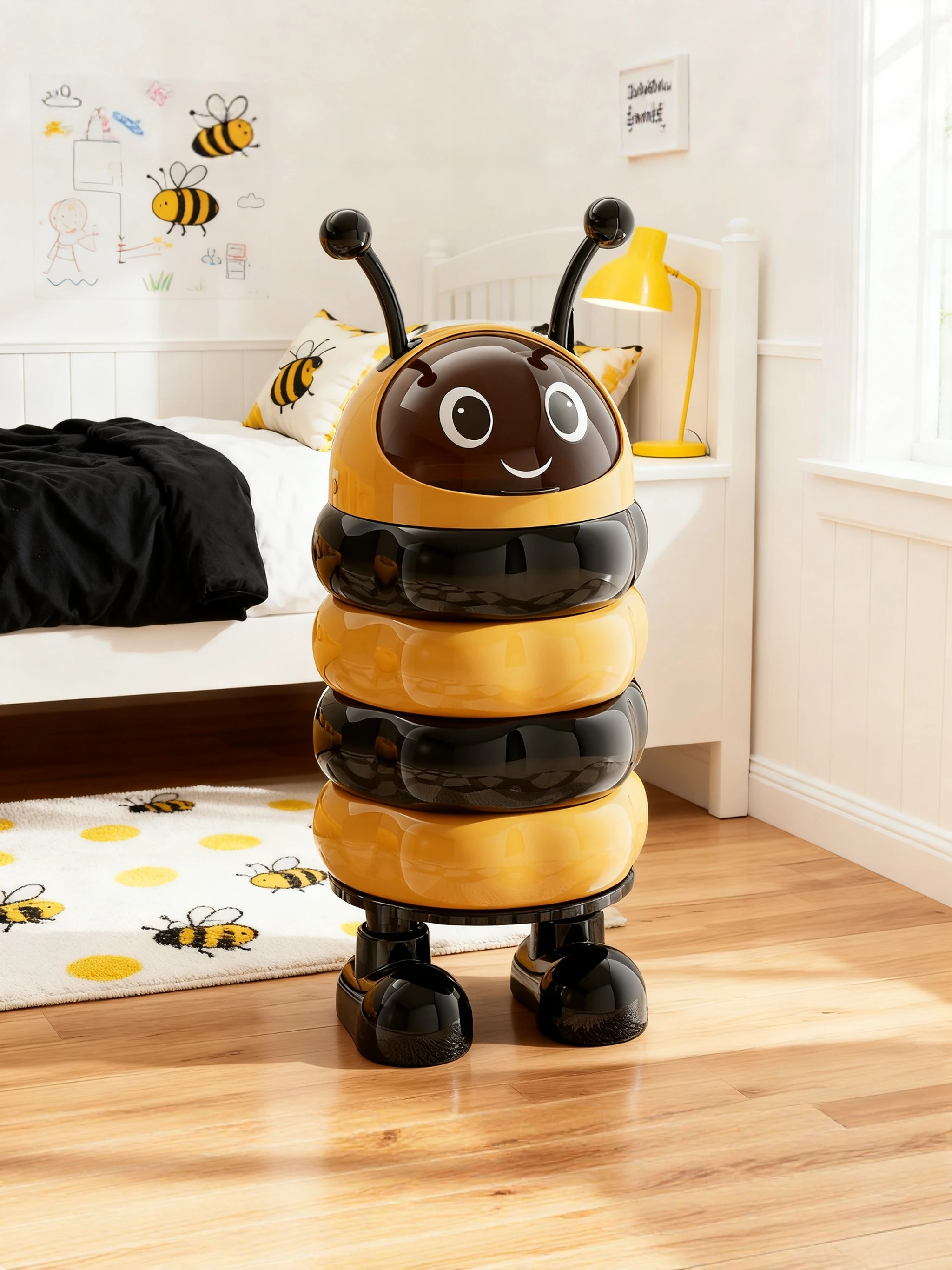 

Мусорное ведро Bee ape Large Capaci Cute для дома, спальни, гостиной, из пластика, с выдвижной крышкой, бесшумным открыванием и закрыванием