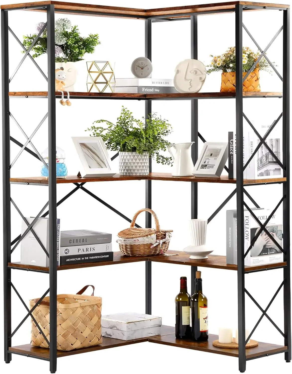 Bookshelf 5 Tier Corner Shelf, Large Modern Industrial Bookcase L Shaped Storage Display Rack with Heavy Duty Metal Frame