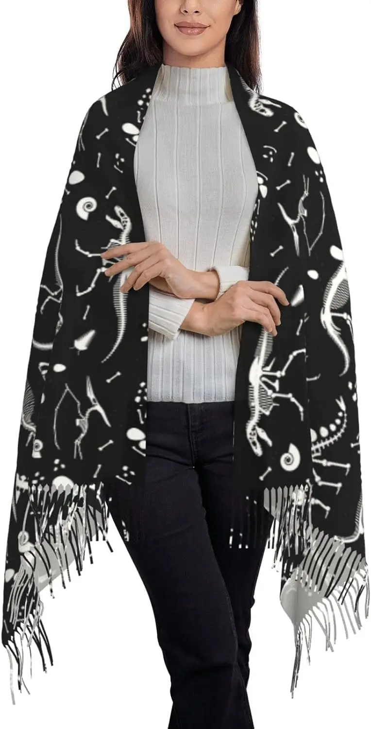 Black and White Dinosaur Skeleton Pattern Scarf Long Shawl Wraps Pashmina for Women Girls with Tassels Soft Warm Cozy