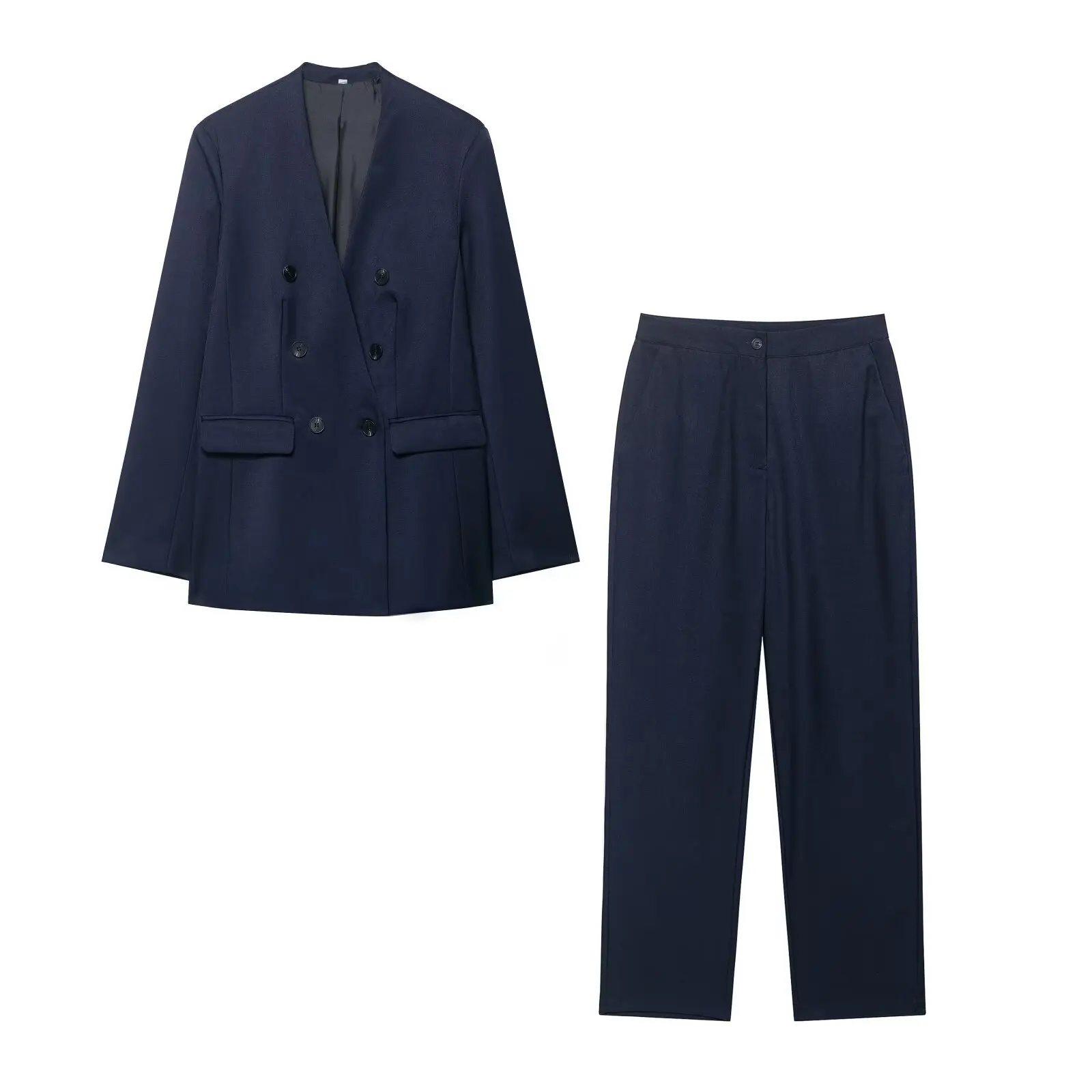 

KIDCRKJ Officed Lady Spring 2 Piece Outfit Navy Blue V-Neck Double Breasted Lady Suit Coat High Waist Button Pants For Female