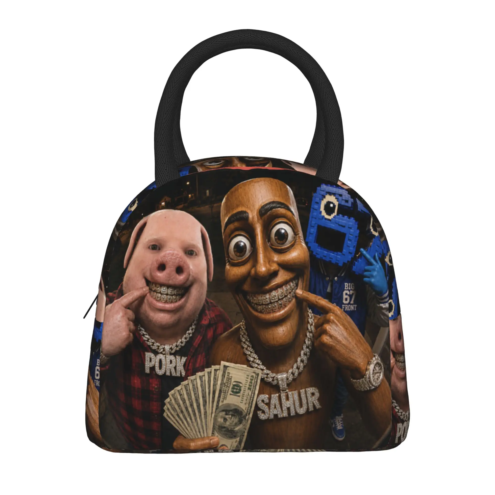 Tung Sahur 67 John Pork Funny Brainrot Meme Lunch Bag Picnic Lunch Box For Child Tote Food Bags Oxford Portable Cooler Bag