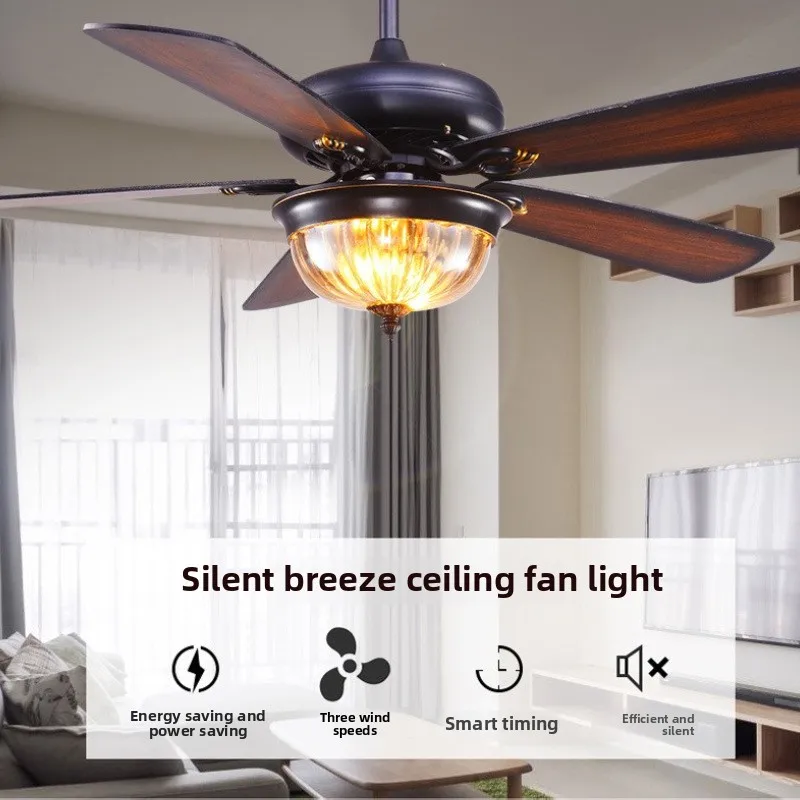 Retro Silent Dining Room Fan Light Bedroom Variable Frequency Ceiling Fan Light New Chinese Style Wood Leaf Gale