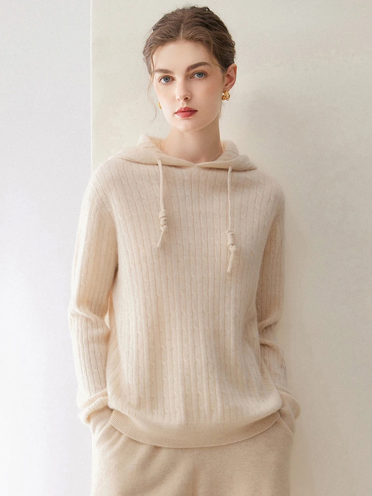 TLOML Women's 100% Cashmere Sweater Cable Knit Hoodie Solid Pullover Autumn Winter Cashmere Knitwear Soft Warm Comfy Casual Tops