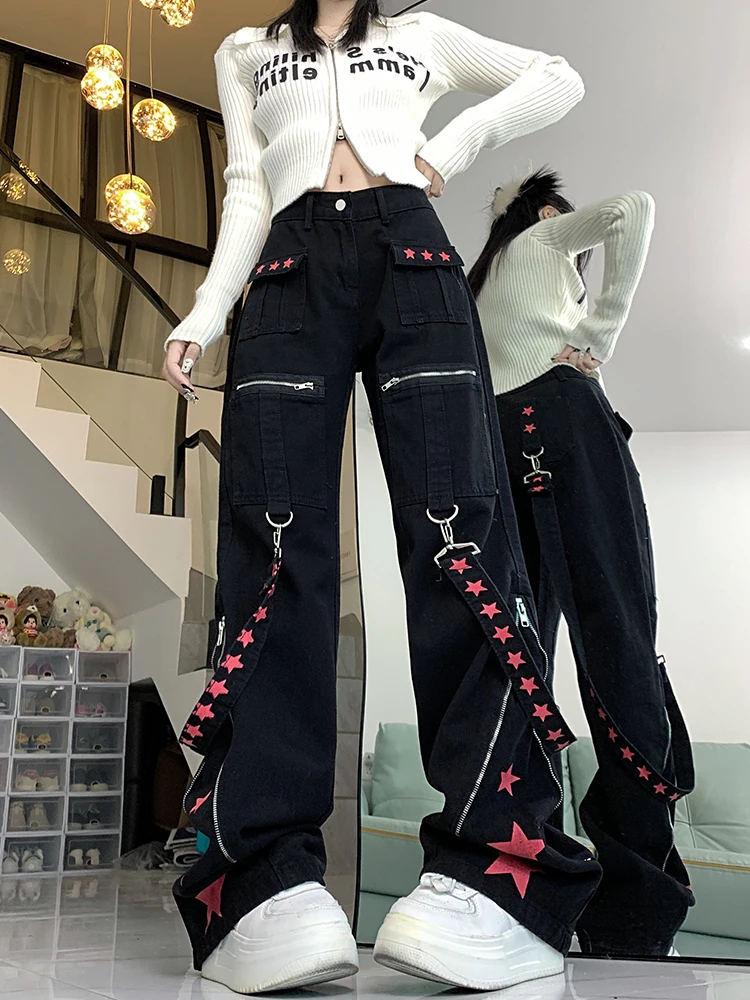 Autumn Spring New Straight Tube Y2k Jeans Ladies Darkness European and American Style Women's Pants Star Print Baggy Pants Woman