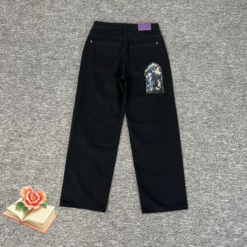 

Black Derschutze Awakening Jeans Embroidery Angel Floral Graphic Pants Men Women Loose Straight Trousers Casual Wide Leg Pants