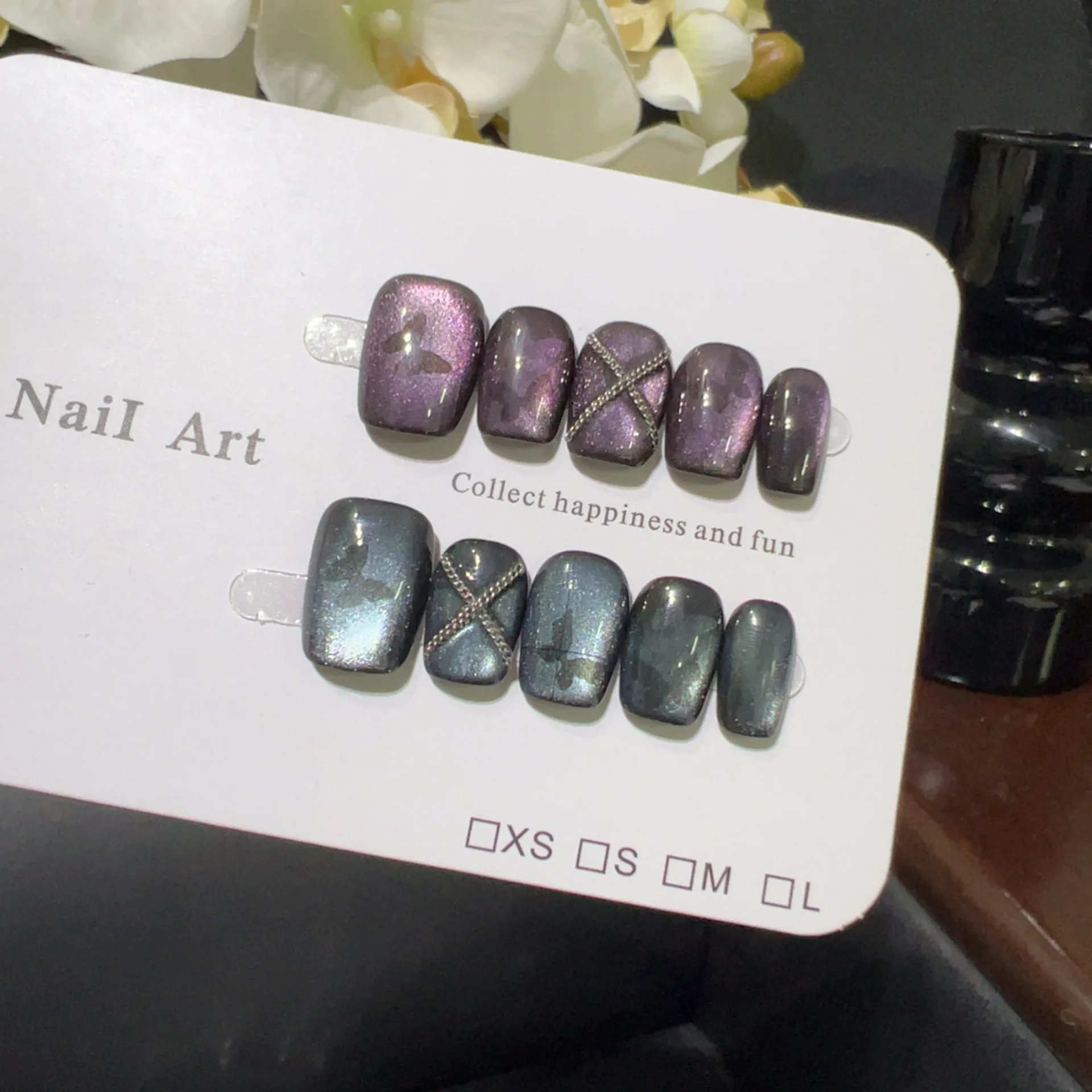 10PCS Luxus Kurze Quadratische Handgemachte Presse auf Nägel Süße Kühle Lila Katze Auge Schmetterling Blume Falsche Nägel Glitter Pailletten maniküre