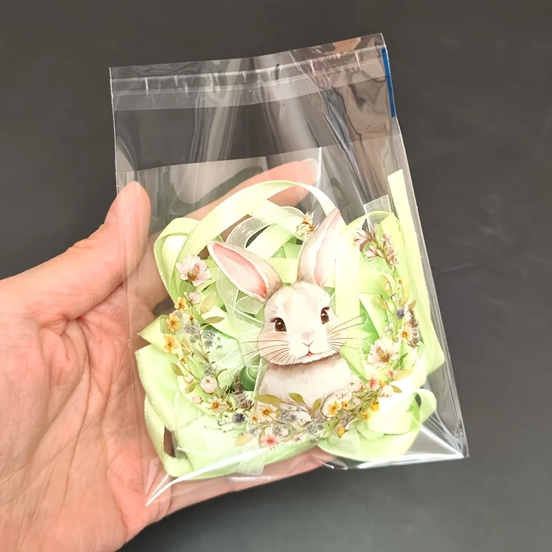 100/200 Stück Geschenktüten mit Osterhasen- und Blumenmuster, niedliches Hasen- und Frühlingsblumenmuster, transparente, selbstklebende Beutelverpackung – Detail 11