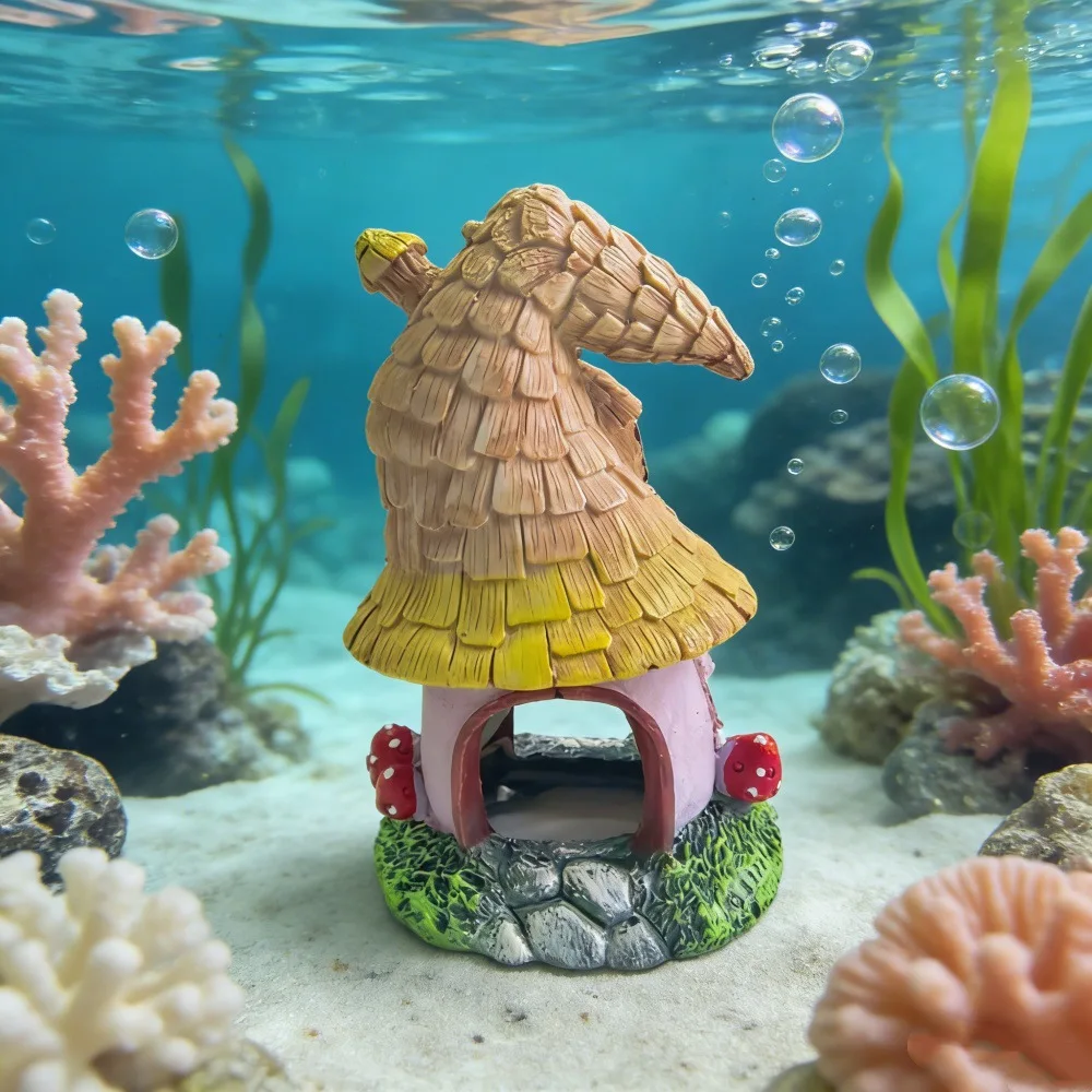 Märchenhaftes Pilz-Elfenhaus Aquarium-Dekoration, Harz-Versteckhöhle für Fische & Garnelen, Unterwasserwelt-Ornament, Sicherer Unterschlupf