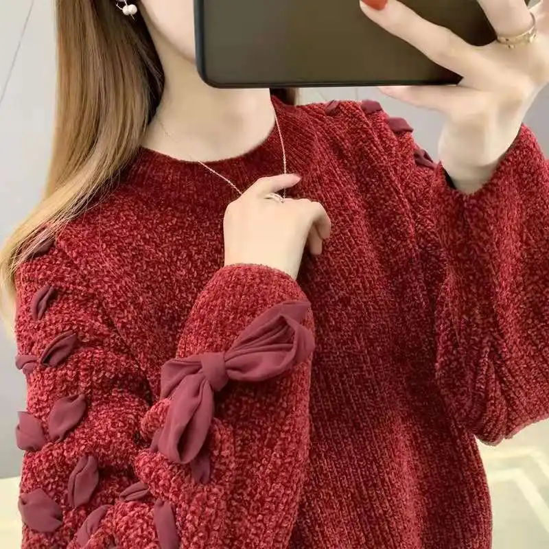 Fashion All-match Bow Patchwork Long Sleeve Sweaters Autumn Winter Women\'s Clothing Korean Sweet Solid Color Round Neck Knit Top