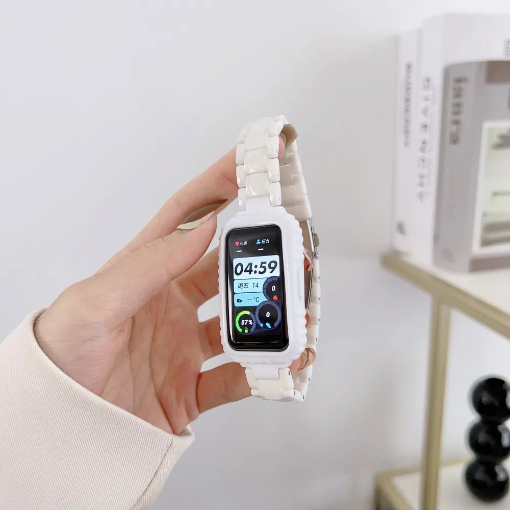 PC+Metal Watchband Imitation Ceramic Resin Anti Fall Watch Strap TPU Case Replaceable Watch Bracelet for Huawei Band 9/8/7/6