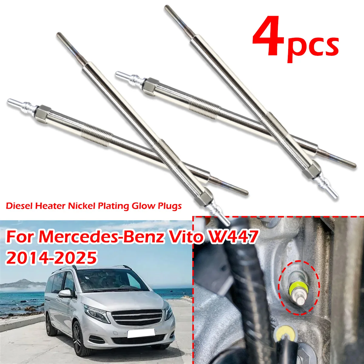 

4PC/kit For Mercedes-Benz Vito W447 2014-2025 2.5 dCi Diesel Heater Nickel Plating Glow Plugs 4.5V Car Replacement 110650819R