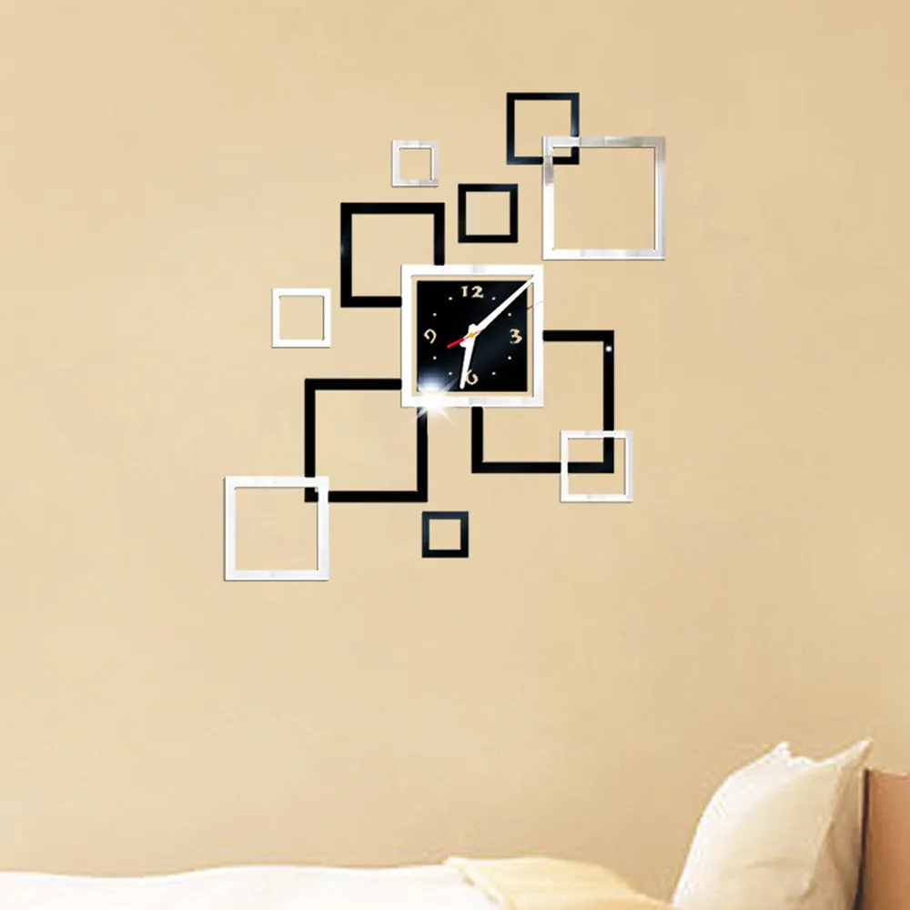 3d Diy ساعة حائط المنزل الاكريليك مرآة مربع الجدار ملصق للإزالة على مدار الساعة الموضة الحديثة تصميم ملصق جدارية ديكور المنزل