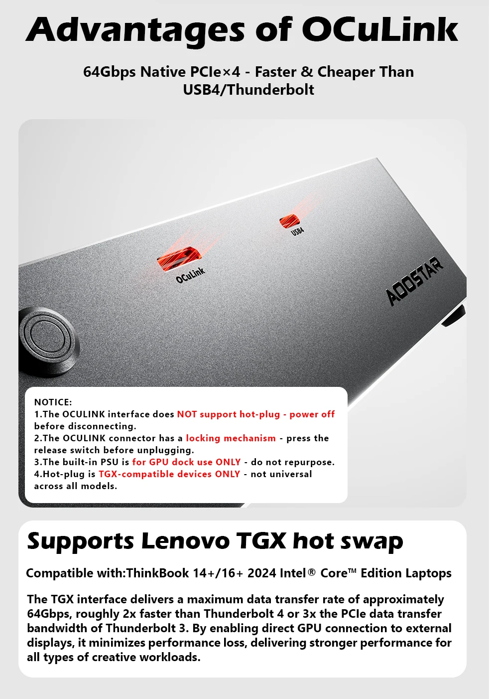 AG01 AG02 EGPU Dock with OCulink/USB4 Port, Built-in 800W Power Supply, Supports TGX Hot-swap, PCIe 4.0 X4