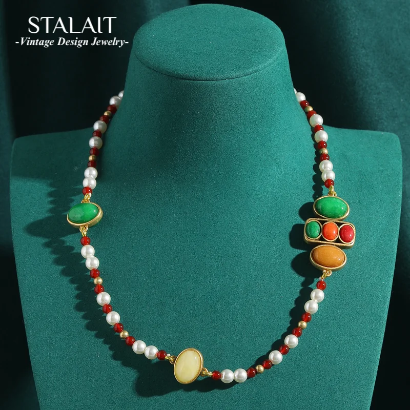 

Vintage Red Beads Pearl Necklace Jewelry Charms Colorful Stone Woman Natural Wedding Antique Party Accessories Luxury Designer