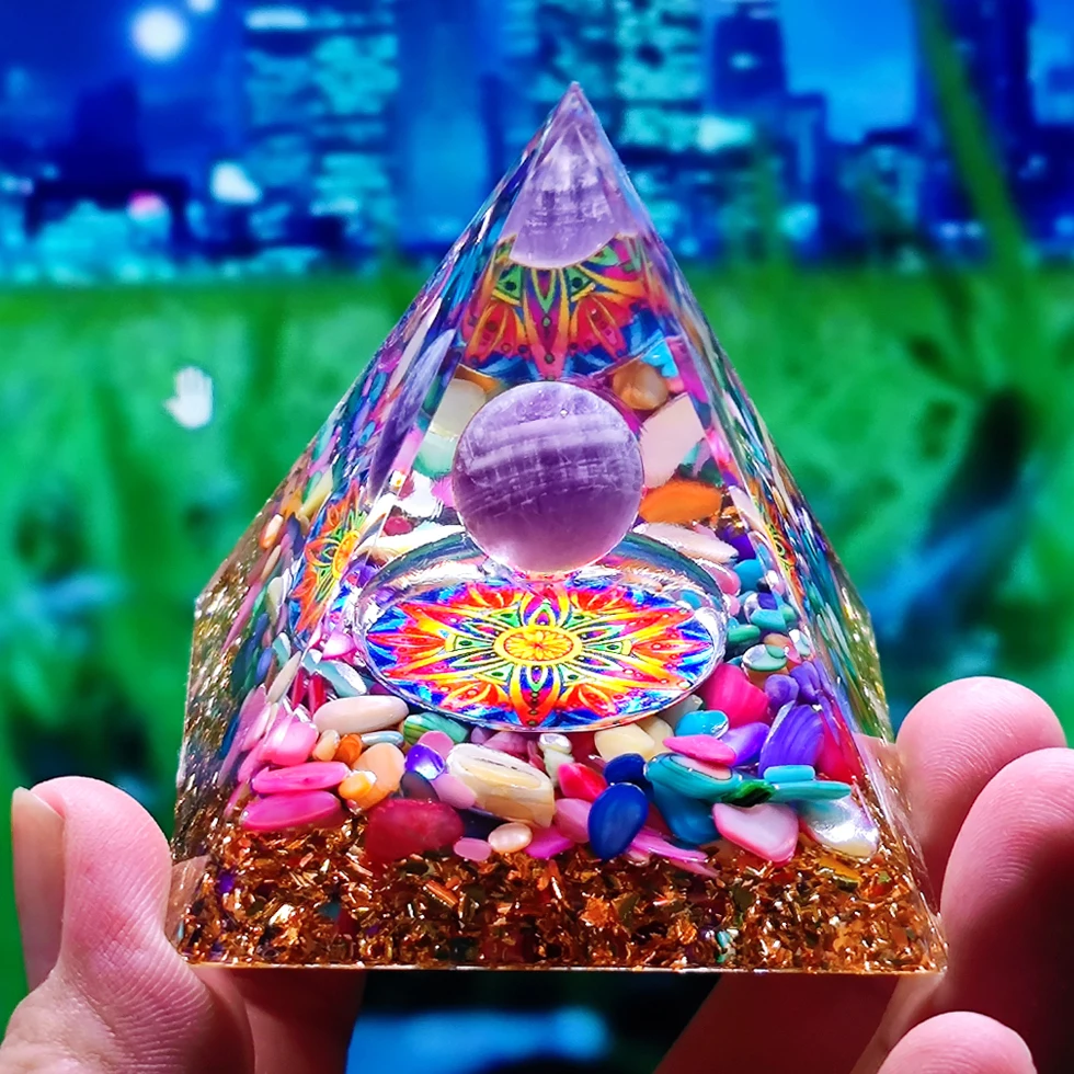 Energy Orgone Pyramid Reiki Natural Amethyst Ball Healing Crystals Chakra Tool Ornaments Resin Stones Craft Kids Gift Pyramid