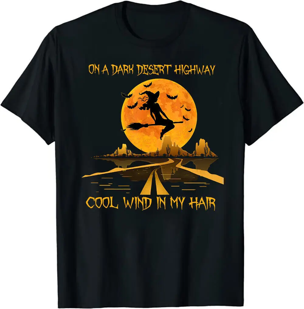 Happy Halloween Witch Riding Brooms On A Dark Desert Highway T-Shirt For Men