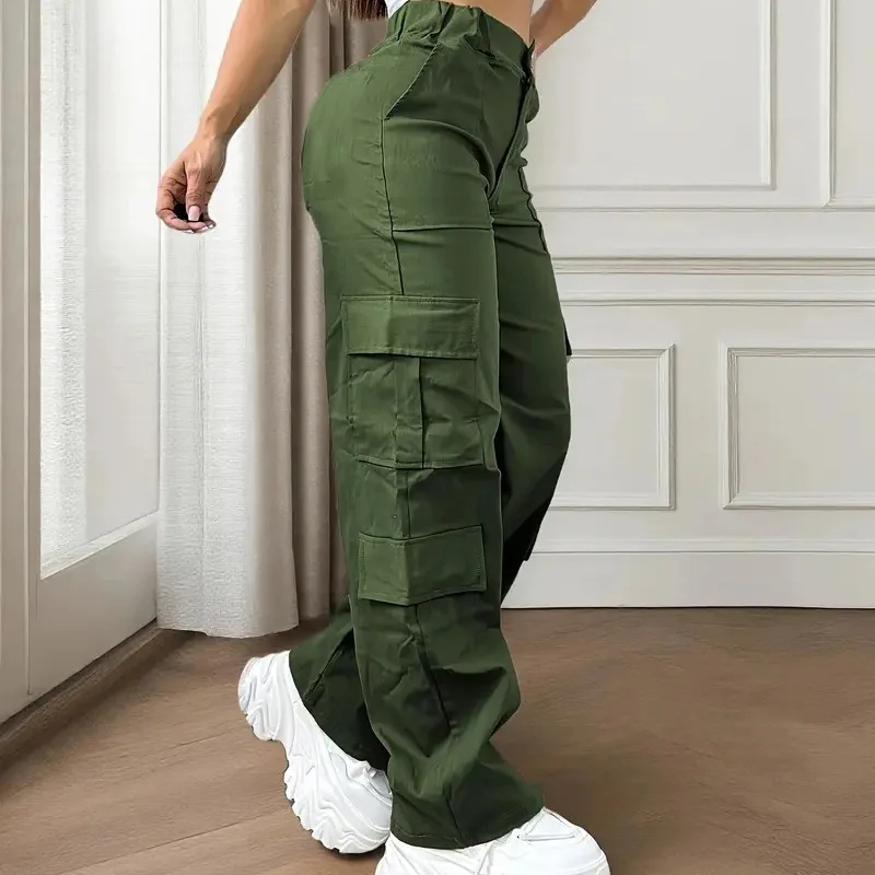 Cargo Pants Women 2025 Autumn Plain Side Pockets High Waist Long Trousers Ladies Casual Strechy Waist Straight Leg Cuffed Pants