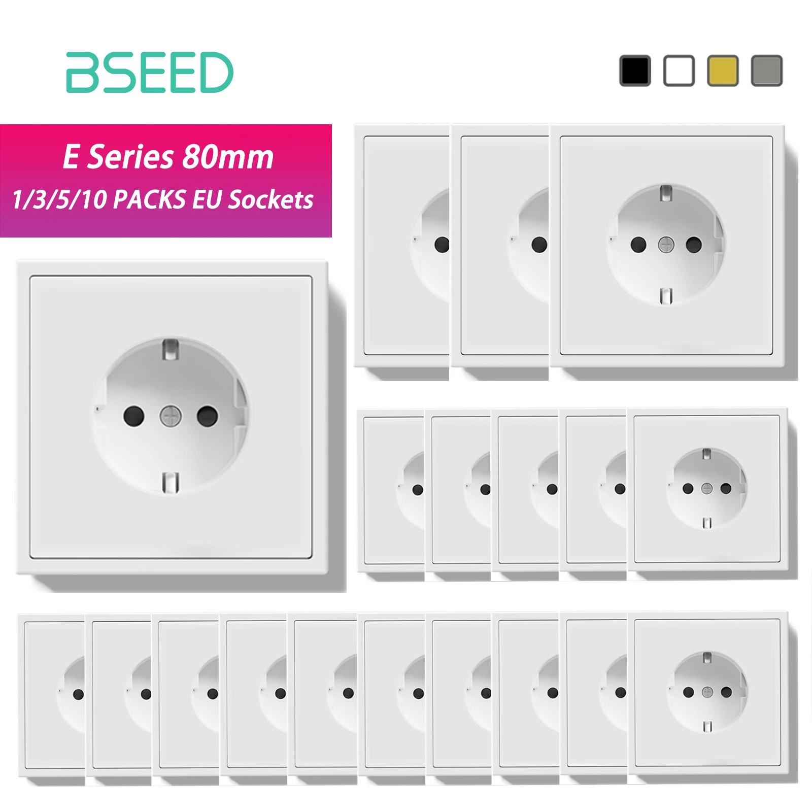 

BSEED E Series 10 Value Pack Single Wall Power Socket Electrical Outlets Bulk Set White Black Plastic Frame Wall Plugs for Home