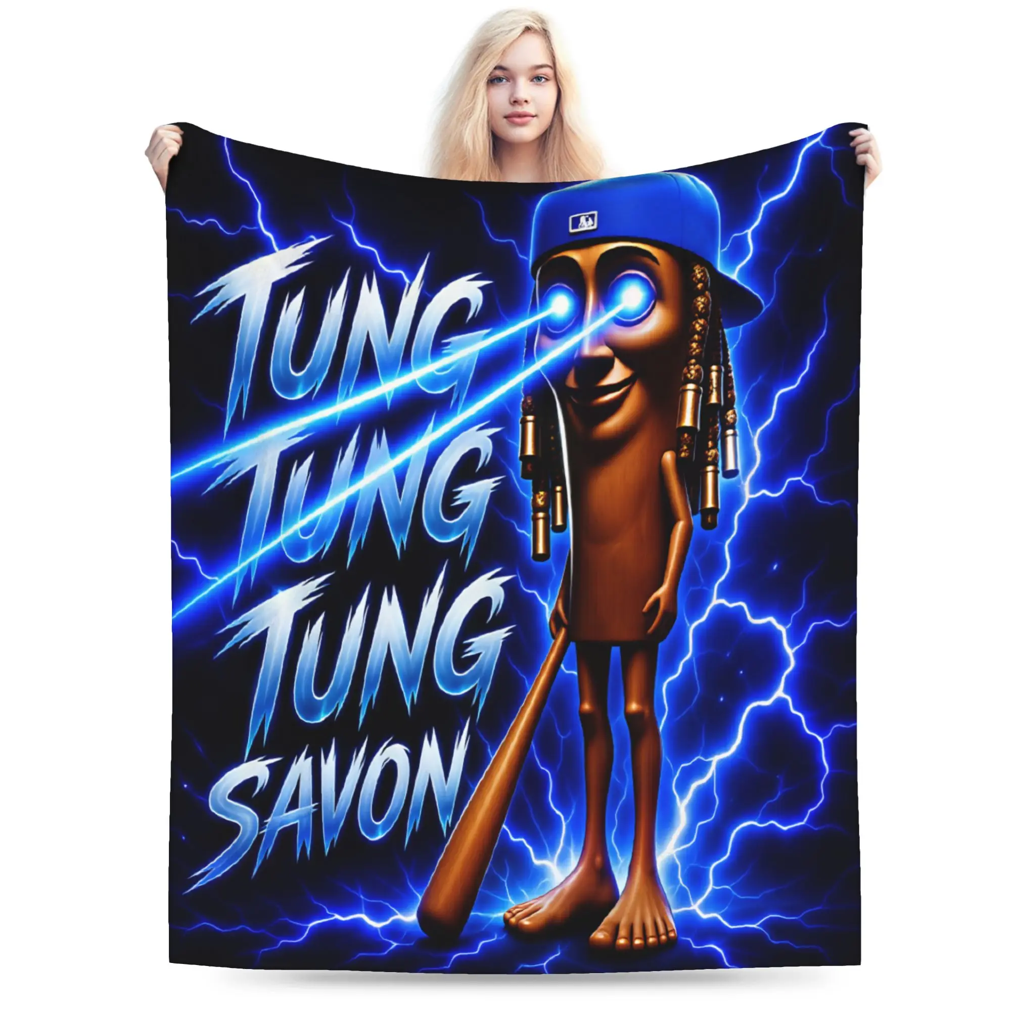 Warm Blanket Travel Office Tung Tung Sahur Lightning Laser Eyes Baseball Meme Throw Blanket Casual  Bedspread For Living Room