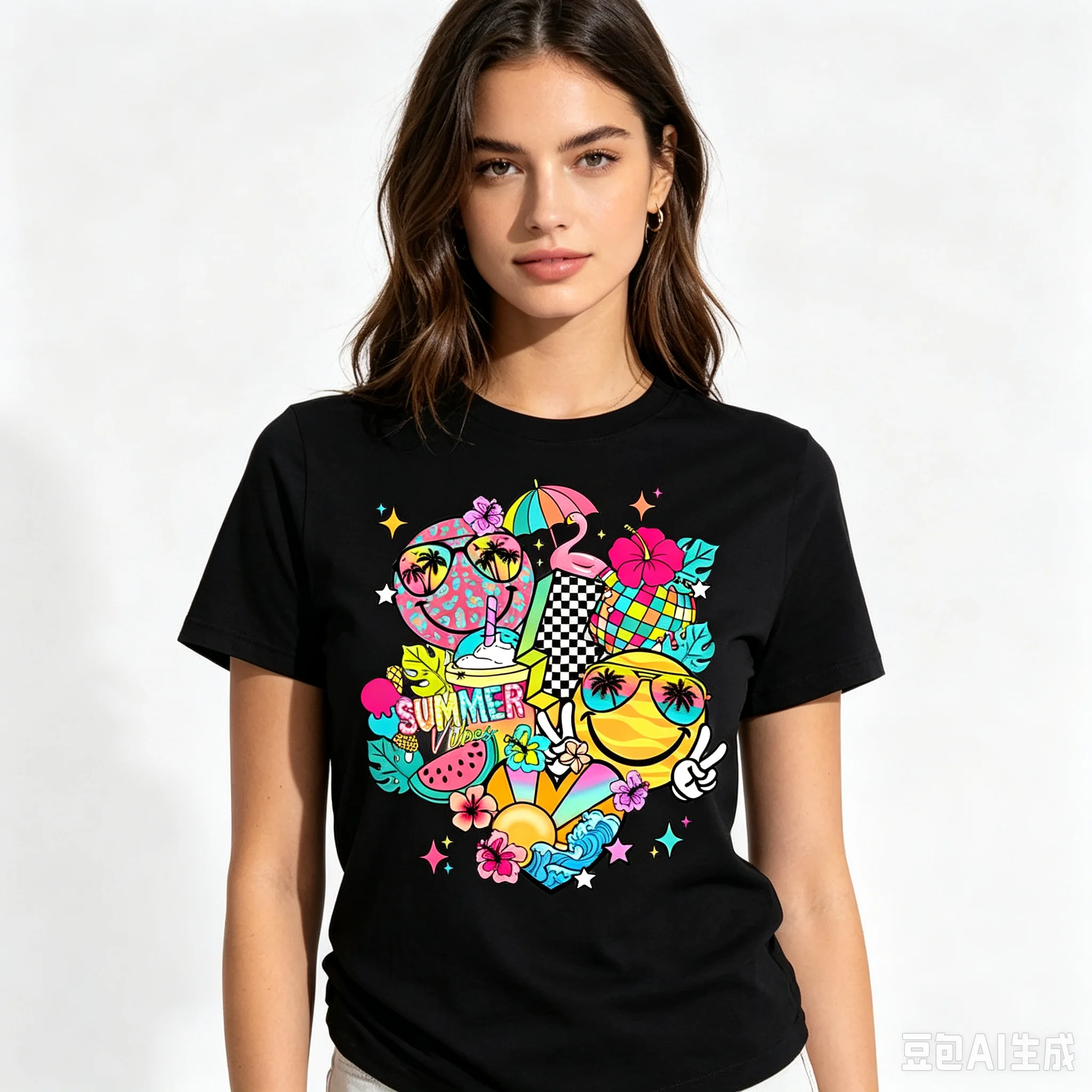 Cotton 100% Fashion Women Summer Beach T‑Shirt Rainbow Disco Ball Fruit Floral Print Casual Streetwear Short Sleeve Tee