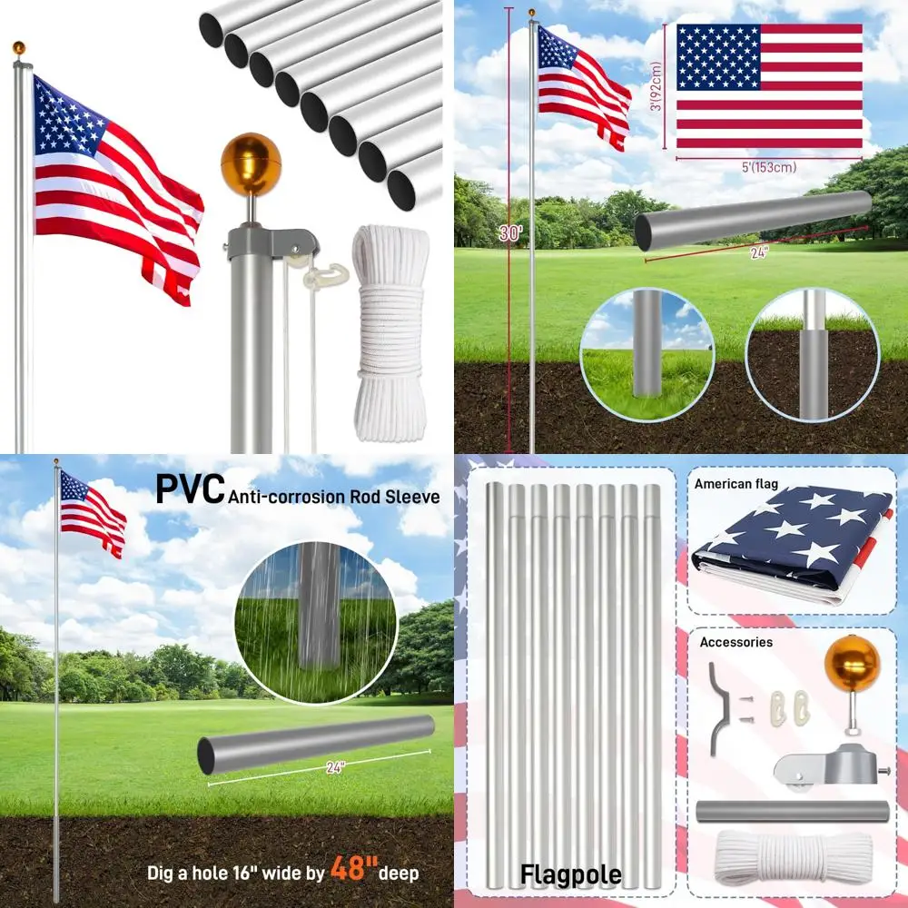 

Aluminum Alloy 30-Foot Sectional Flagpole with 3x5 USA Flag, Gold Ball Top, Halyard Rope, and PVC Sleeve