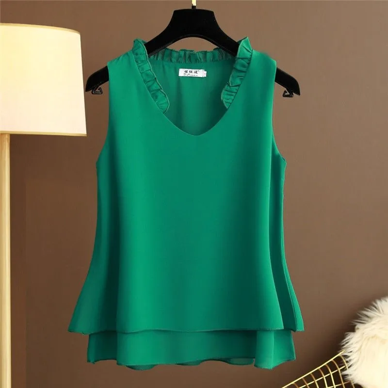 Plus Size Halter Chiffon Top Sleeveless Ruffle V-Neck Loose Flowy Summer Bohemian Beach Swim Cover Up Tunic Blouse 0XL/L 5XL view 6