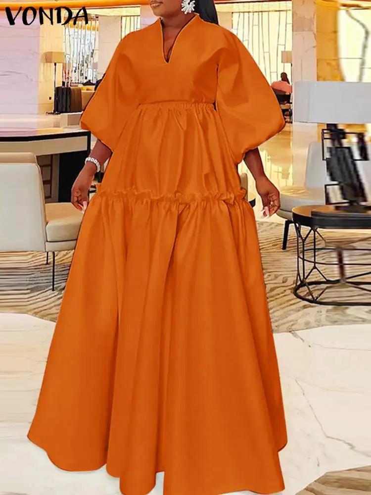 VONDA Women Elegant Maxi Dress 2024 Summer Solid Color 3/4 Lantern Sleeve Long Shirt Sundress Casual Loose Ruffled Vestidos Robe