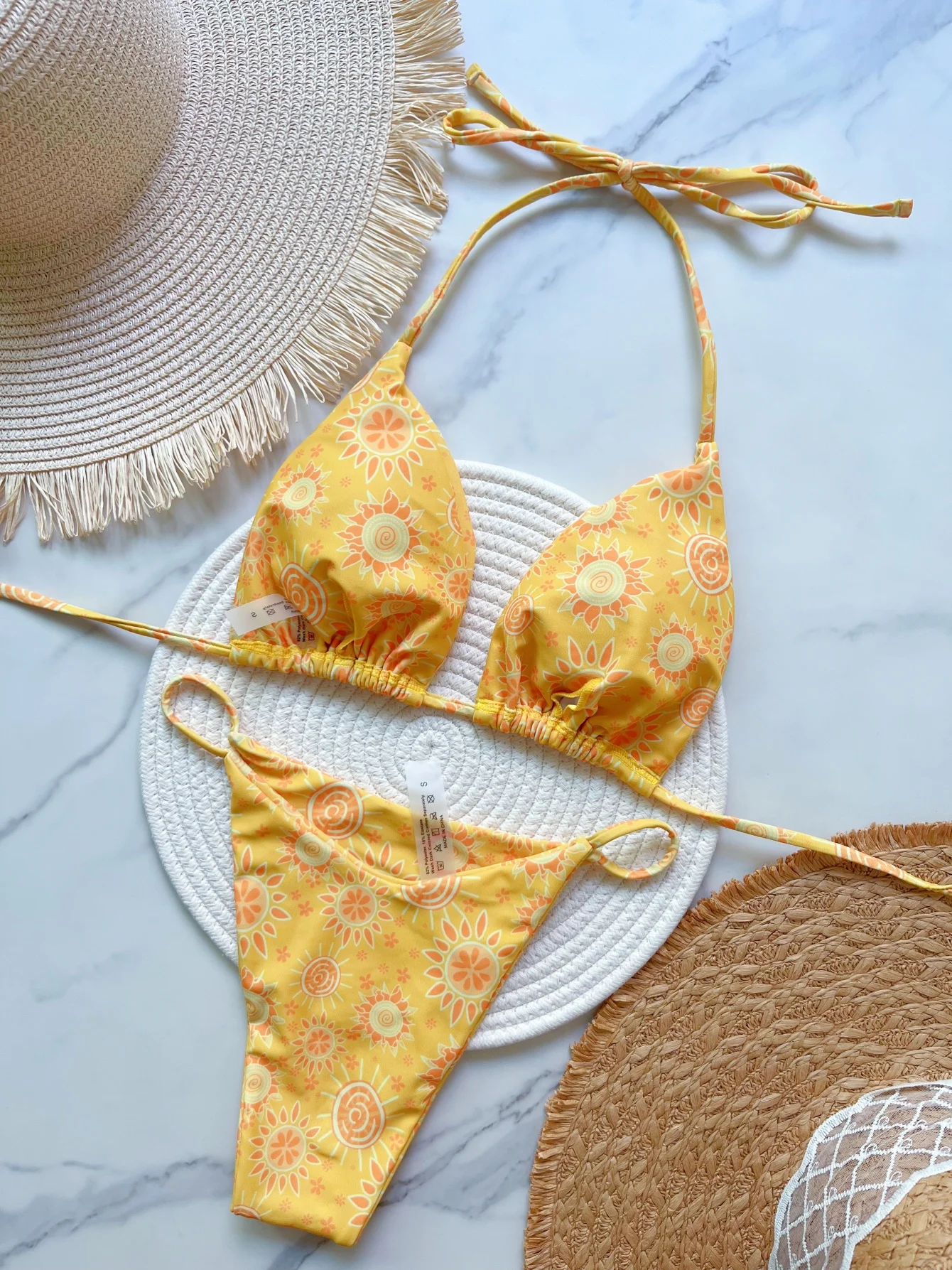 Swimwear Women Yellow Print Brazilian Bikini Set Sexy Thong Swimsuit Two Pieces Halter Bathing Suit Women 2026 Beach Wear