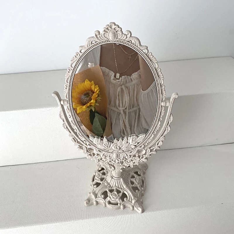 Novelty Carved Flip Mirror Retro Style Decor Mirror Small Oval Make-up Tools Desktop Standing Glass Mirror for Drop Shipping