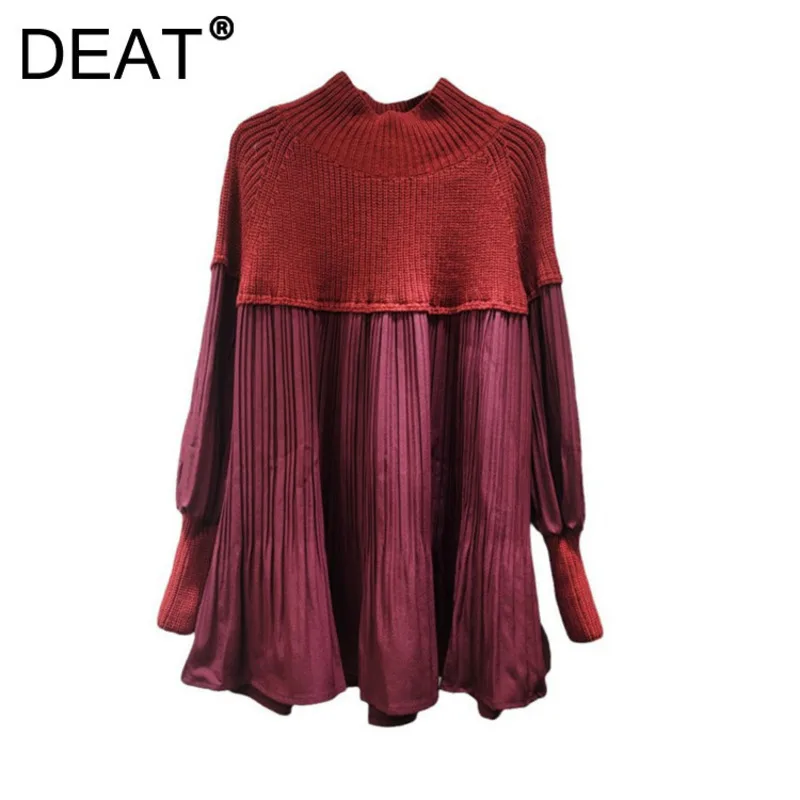 DEAT Frauen Pullover Einfarbig Gestrickte Patchwork Falten Mesh Puff Sleeve Lose Rollkragen Tops 2024 Neue Mode Herbst 11A01813