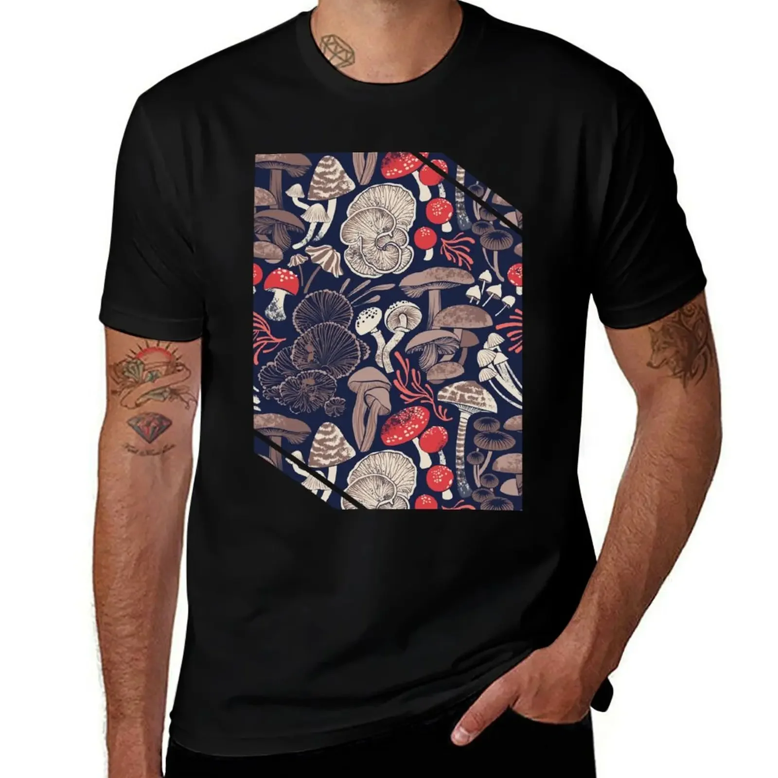 

Mystical fungi // midnight blue background brown red and coral wild mushrooms T-Shirt blanks black t shirts for men