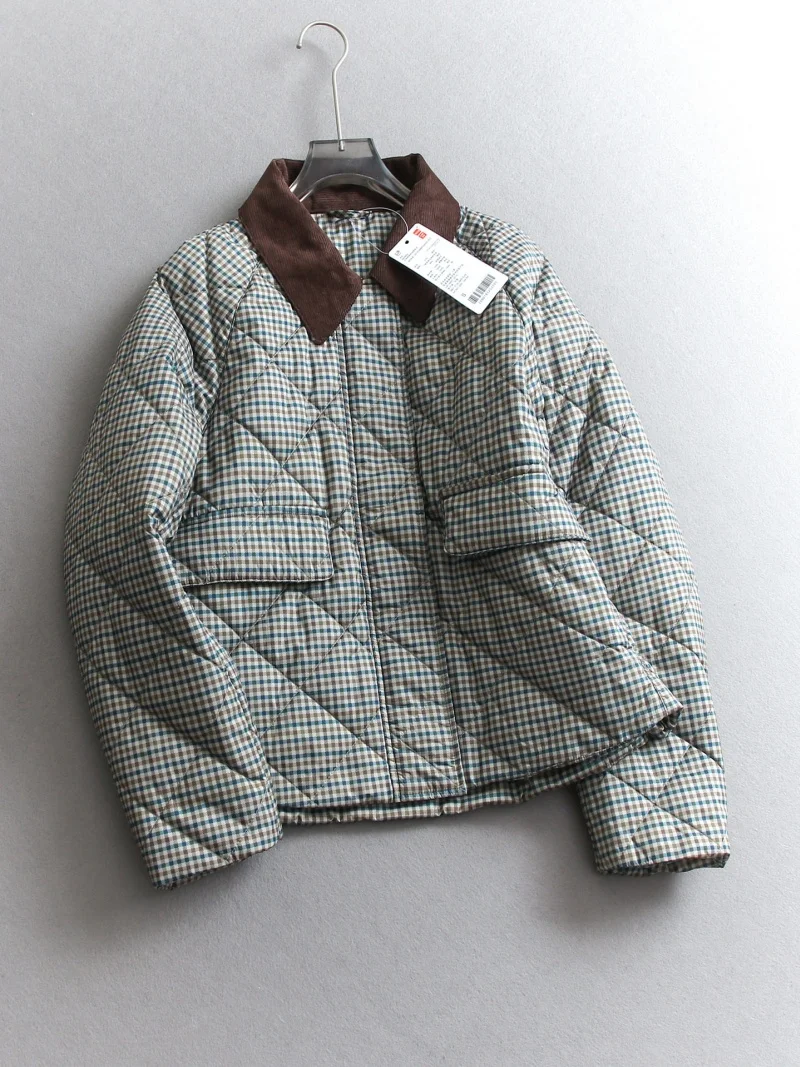 Women's Retro Color Blocking Corduroy Lapel Long Sleeve Cotton Jacket Quilted Coat Casual Loose Fit Winter Outerwear j1883