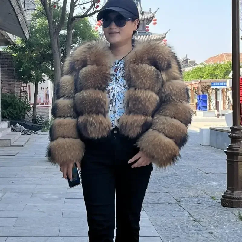 Real Raccoon Fur Coat Women Winter Long Sleeve Natural Luxury Jackets  Thick  Top