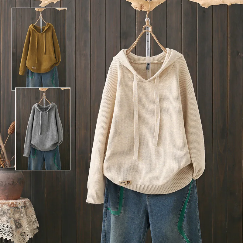 

Thickened Knitted Sweater Women's Autumn Winter plus Size Casual Loose Inner Wear Hooded Soft Lazy Style Korean Style Top