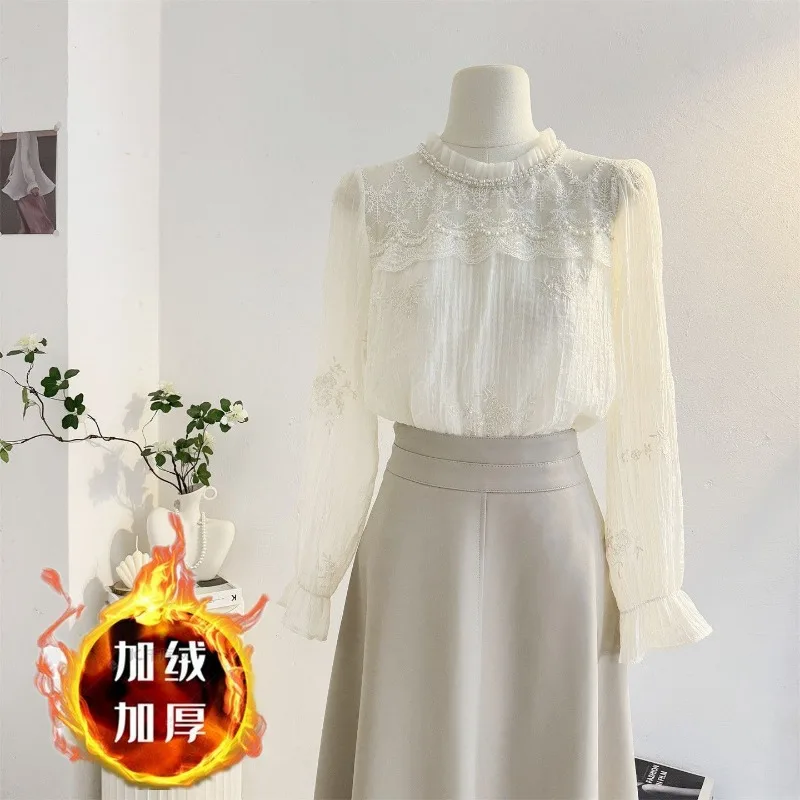 

Lace Shirt Women's French Style Pullover Long-sleeved Solid Color Fashionable Casual Top