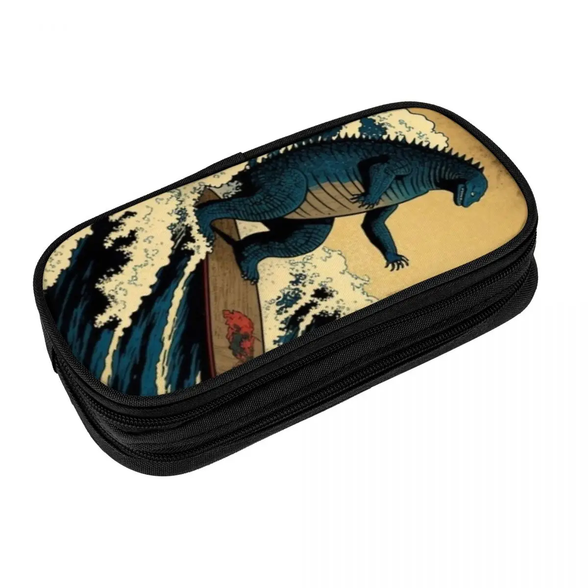 Retro japonês Godzillaed Great Wave Pencil Case, Lápis de lona para menina e menino, Lápis escolar portátil, Organizador de papelaria