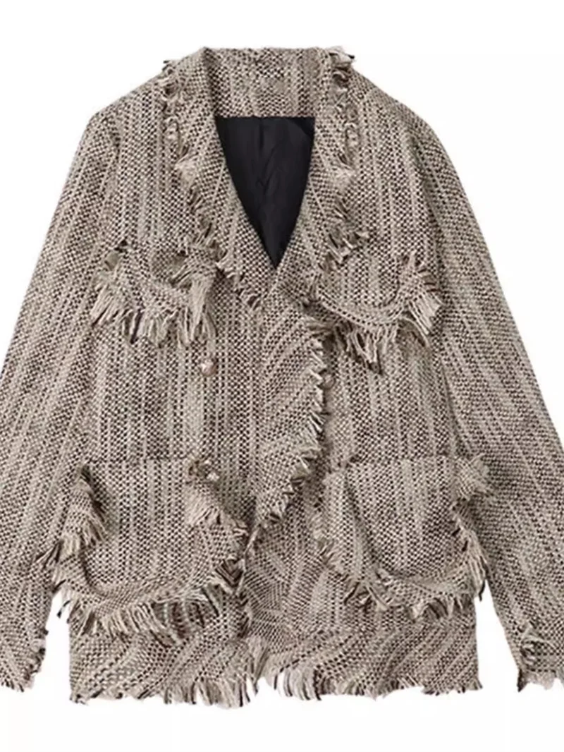 Veste en laine grossière pour femme, petit style parfumé, haut de gamme à manches longues, haut unique, design pompon, nouveau, printemps et automne 2024