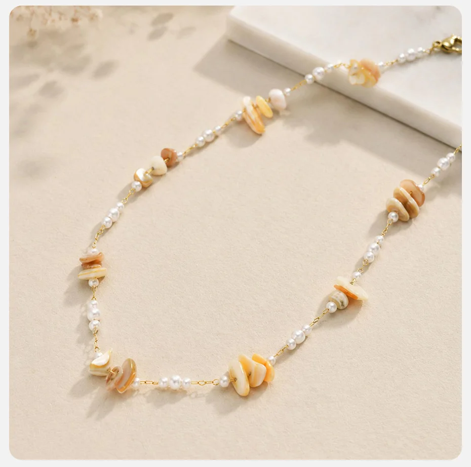 Vnox Boho Unregelmäßige Muschel-Halskette und Fußkette für Frauen, Edelstahl, vergoldet, mit Imitationsperlen, Schlüsselbeinkette, Strand-Schmuck – Detail 6
