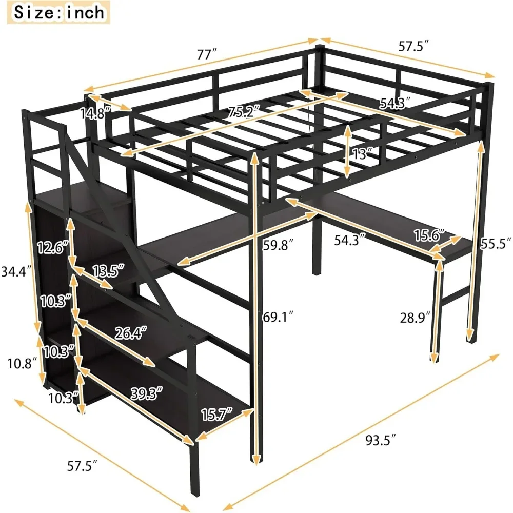 Cama desván de tamaño completo con escritorio en forma de L y USB, cama desván de Metal con armario y estante ajustable, cama desván alta con LED