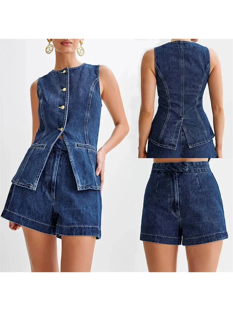 Korean Casual Split Round Neck Slim Fit Denim Vest Top Two-piece Set New Women\'s Fashion Sleeveless High Waist Denim Shorts Set